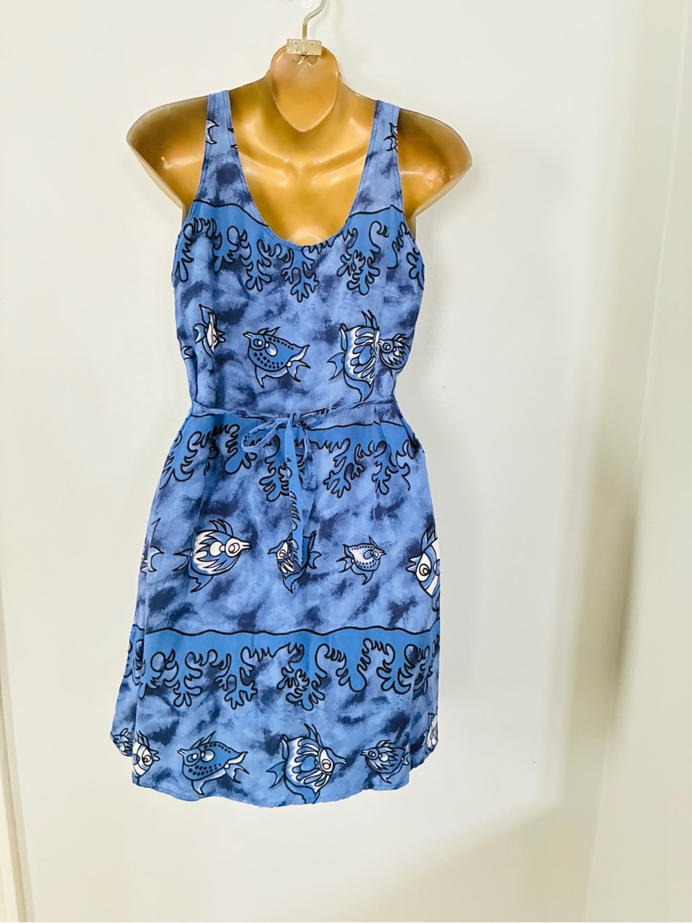 Vintage Blue Tropical Fish Print Mini Dress – Beach Resort Cover-Up S/M - Picture 2 of 5